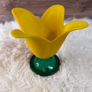 Studio Nova Frosted Yellow Glass Tulip Vase with Green Pedestal Base 7 1/2” Tall